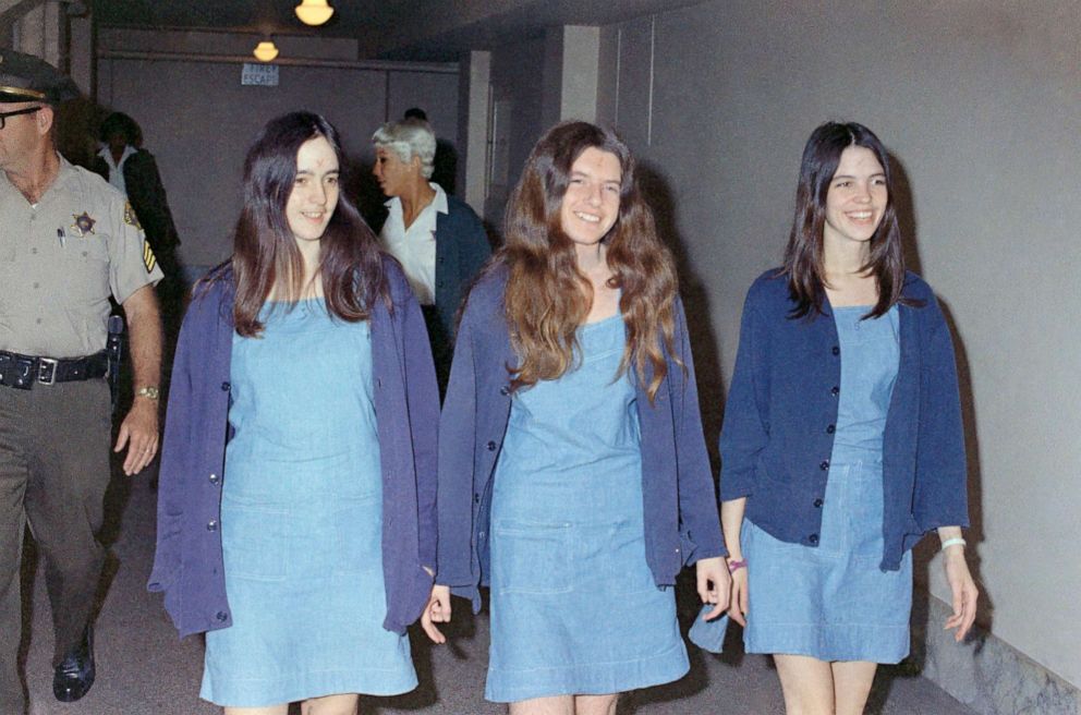 PHOTO: Charles Manson followers, from left: Susan Atkins, Patricia Krenwinkel and Leslie Van Houten, walk to court to appear for their roles in the 1969 cult killings of seven people, Aug. 20, 1970, in Los Angeles, Calif. 