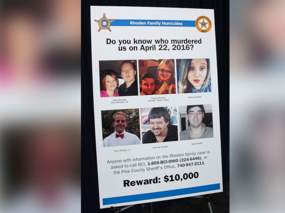 PHOTO: A poster asking for information about the 2016 unsolved killings of eight family members in southern Ohio, is displayed at the Ohio Attorney Generals Office during a press conference, April 13, 2017, in Columbus Ohio.