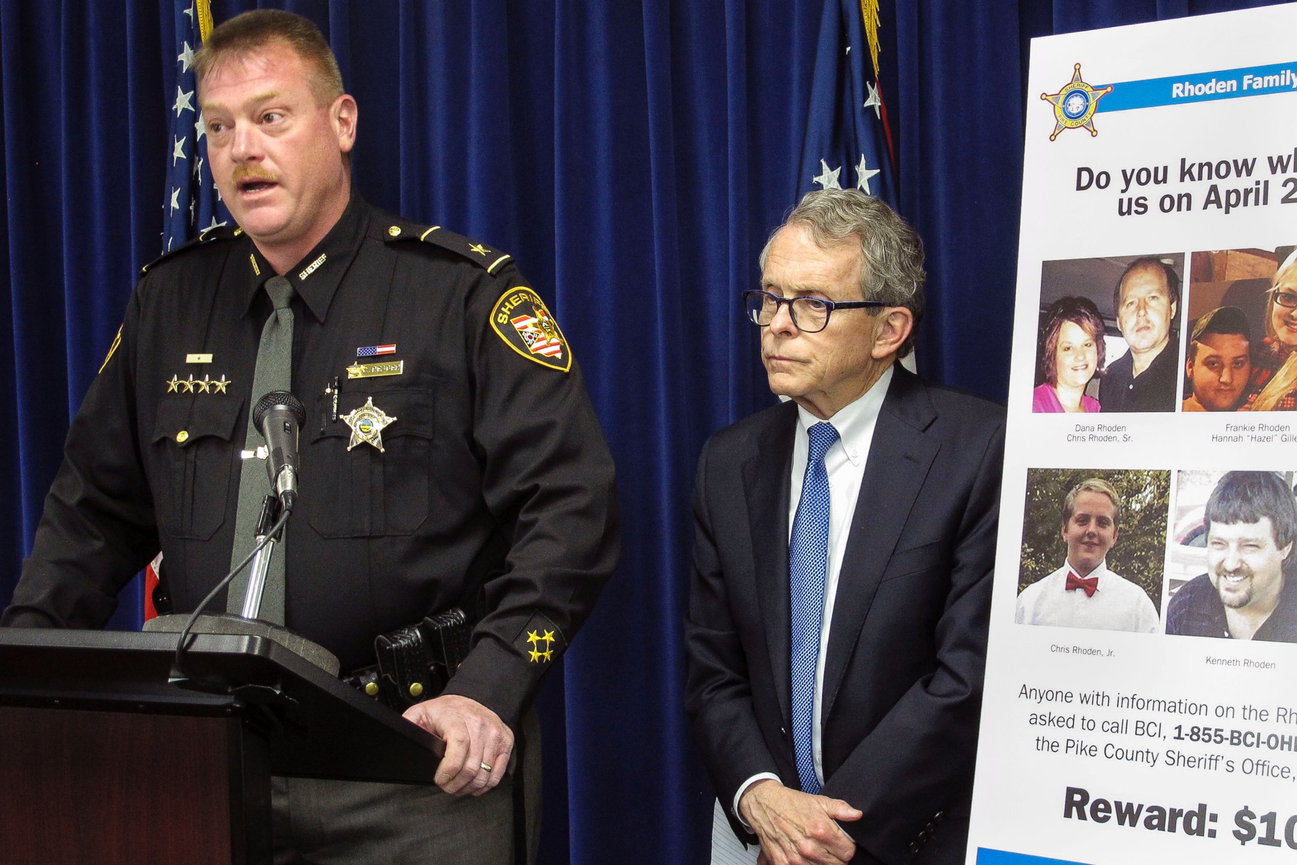 PHOTO: Pike County Sheriff Charles Reader, left, discusses the investigation into the 2016 unsolved killings of eight family members in southern Ohio at a news conference with Attorney General Mike DeWine, right, April 13, 2017, in Columbus, Ohio.