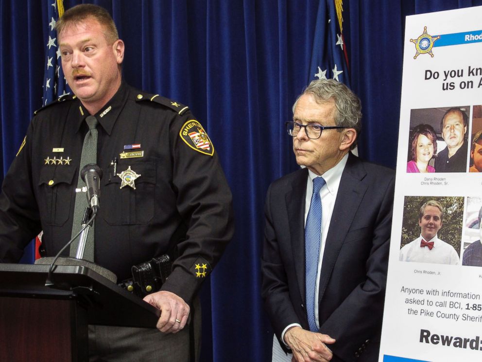 PHOTO: Pike County Sheriff Charles Reader, left, discusses the investigation into the 2016 unsolved killings of eight family members in southern Ohio at a news conference with Attorney General Mike DeWine, right, April 13, 2017, in Columbus, Ohio.
