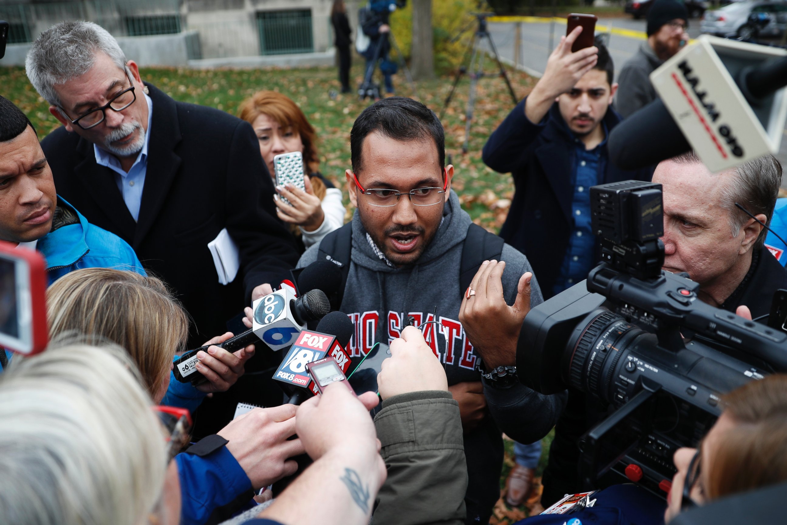 PHOTO: Angshuman Kapil, a graduate student at Ohio State University, speaks to members of the media as police investigate an attack on campus, Monday, Nov. 28, 2016, in Columbus, Ohio.