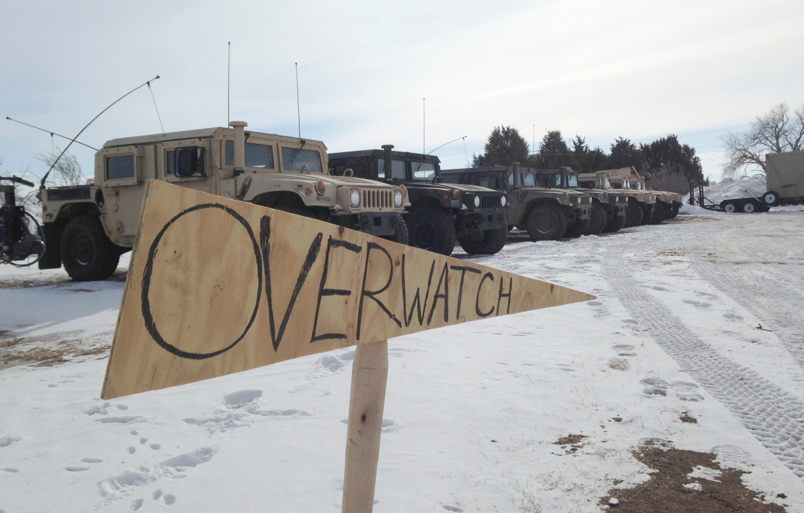PHOTO: Military vehicles are staged near the path of the Dakota Access pipeline, Feb. 9, 2017, near Cannon Ball, North Dakota.