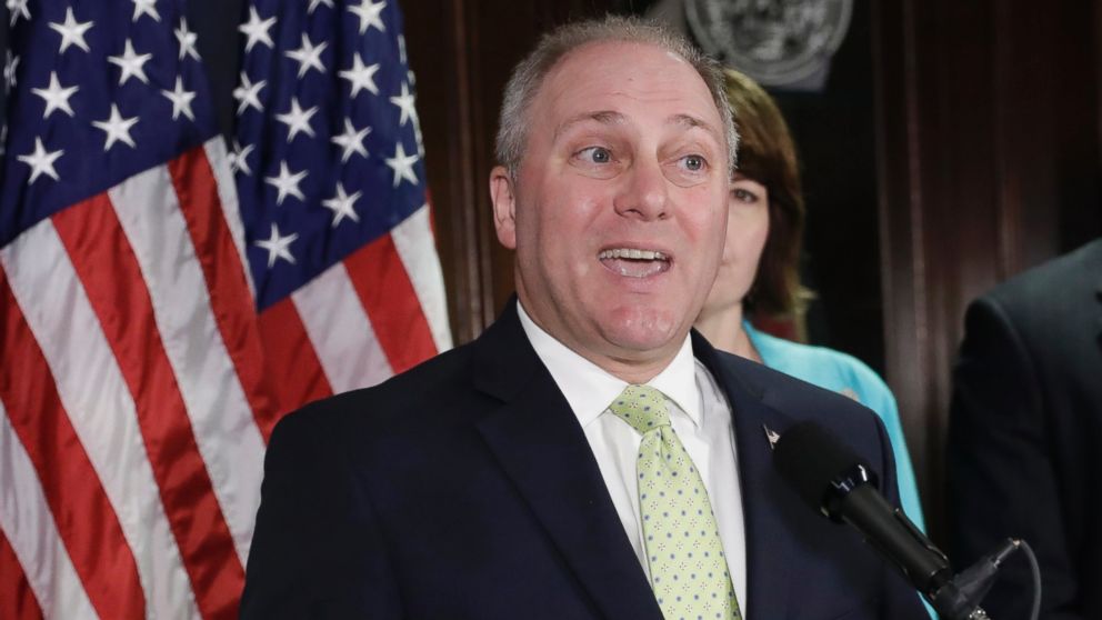 House Majority Whip Steve Scalise speaks at Republican National Committee Headquarters on Capitol Hill in Washington, June 13, 2017.
