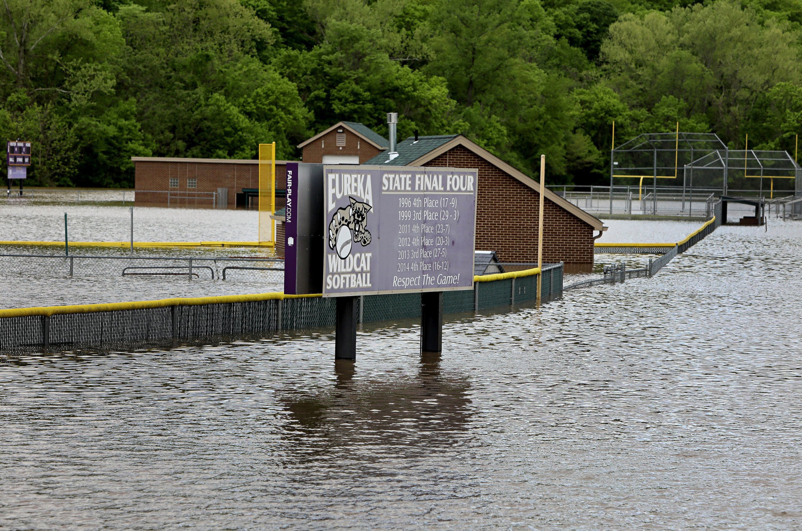 PHOTO: Floodwater from the Meramec River covers athletic fields at Eureka High School, May 1, 2017, in Eureka, Mo. 