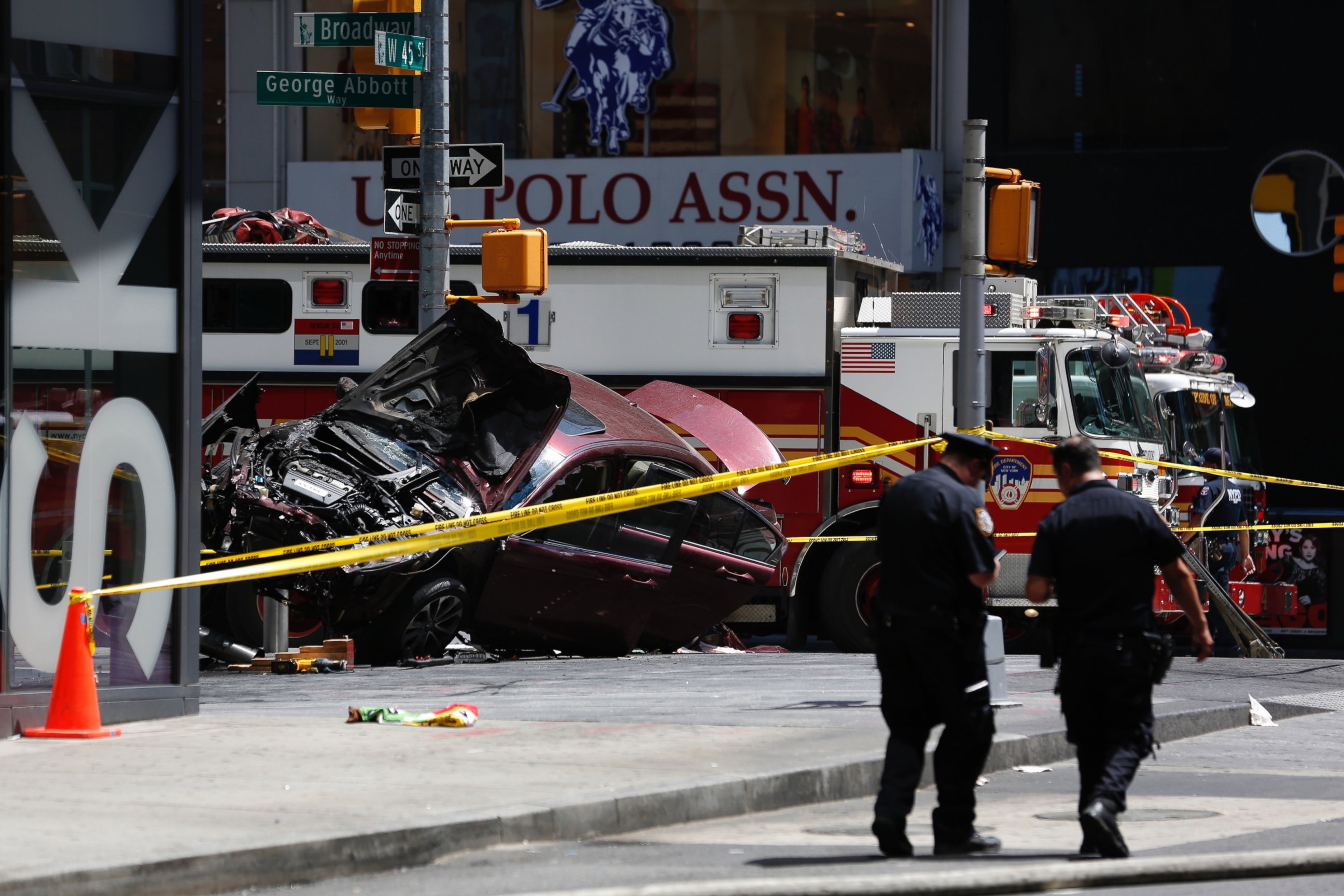 PHOTO: A smashed car sits on the corner of Broadway and 45th Street in New York's Times Square after ploughing through a crowd of pedestrians, May 18, 2017.
