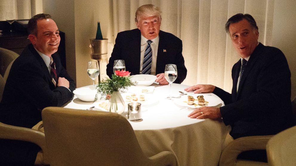 PHOTO: Donald Trump, center, eats dinner with Mitt Romney, right, and Trump Chief of Staff Reince Priebus at Jean-Georges restaurant, Nov. 29, 2016, in New York. 