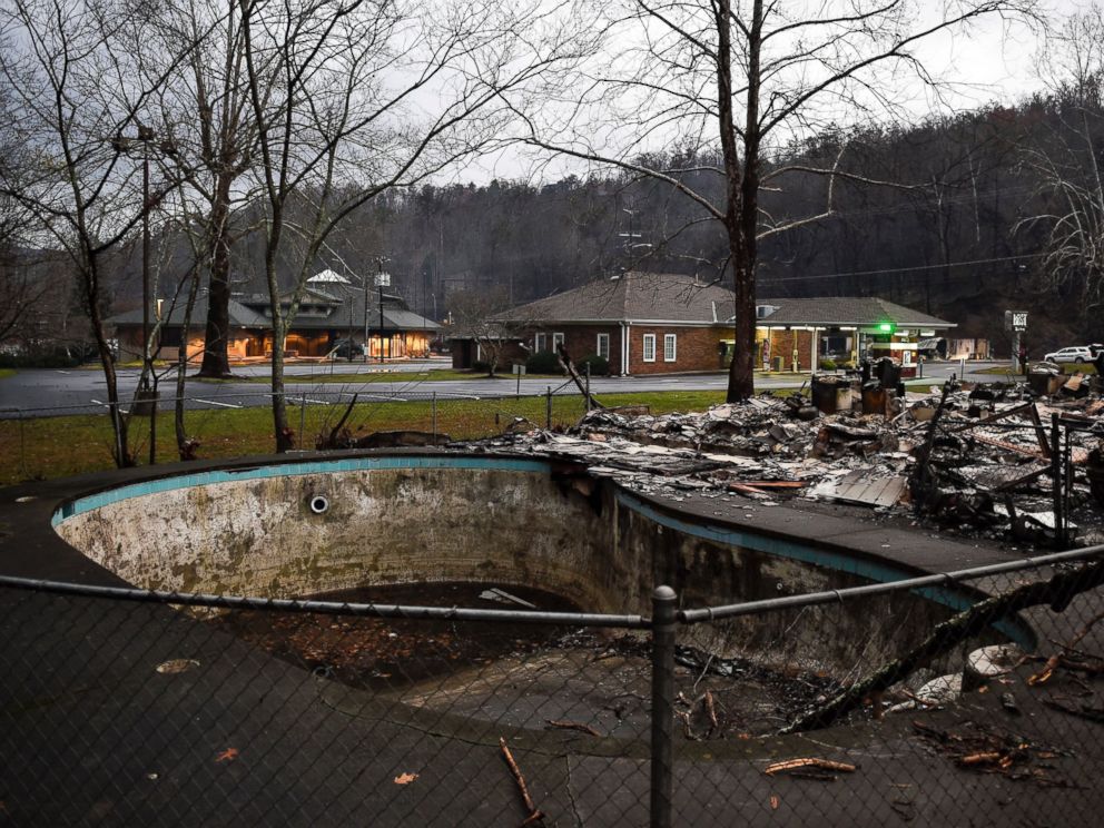 PHOTO: A damaged pool is among the remains of Creek Place Efficiencies after a wildfire in Gatlinburg, Tennessee, Nov. 30, 2016.