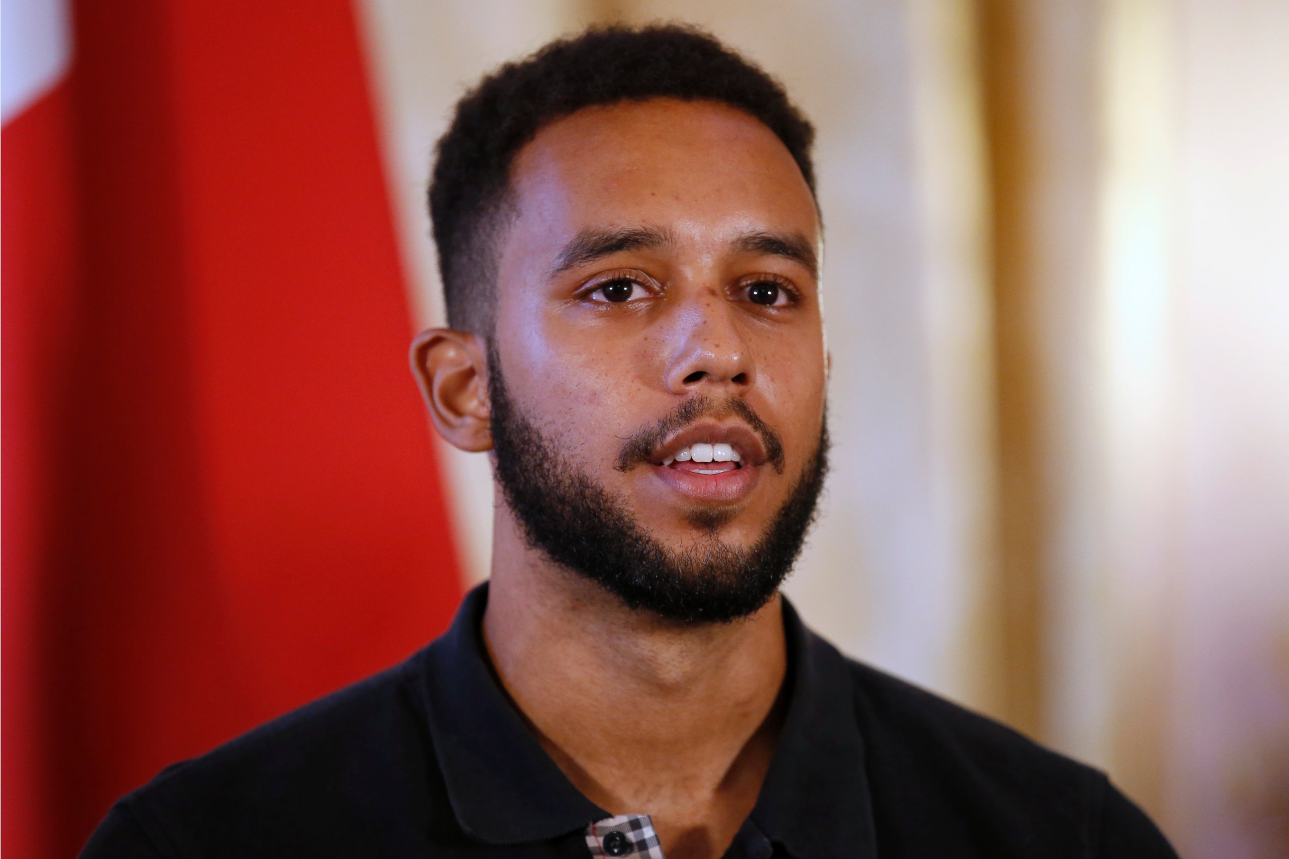 PHOTO: Anthony Sadler, a senior at Sacramento University in California, attends a press conference held at the U.S. Ambassador's residence in Paris, France, Aug. 23, 2015.