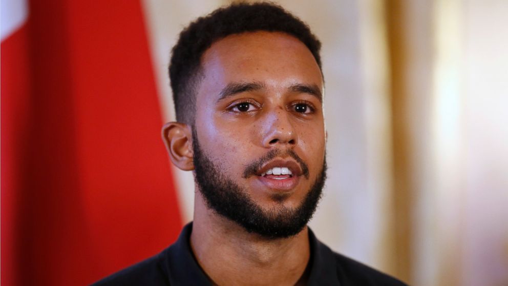 PHOTO: Anthony Sadler, a senior at Sacramento University in California, attends a press conference held at the U.S. Ambassador's residence in Paris, France, Aug. 23, 2015.
