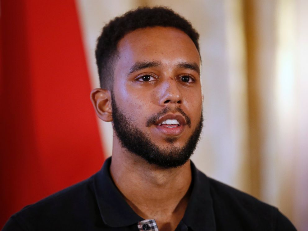 PHOTO: Anthony Sadler, a senior at Sacramento University in California, attends a press conference held at the U.S. Ambassadors residence in Paris, France, Aug. 23, 2015.