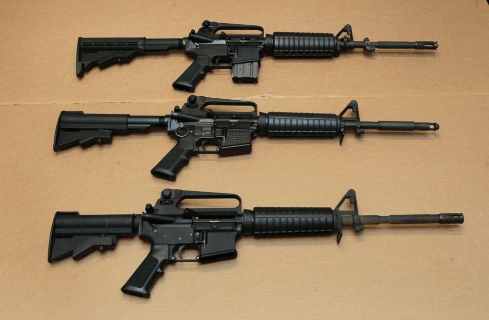 PHOTO: Three variations of the AR-15-style assault rifle are displayed at the California Department of Justice in Sacramento, Calif., Aug. 15, 2012.