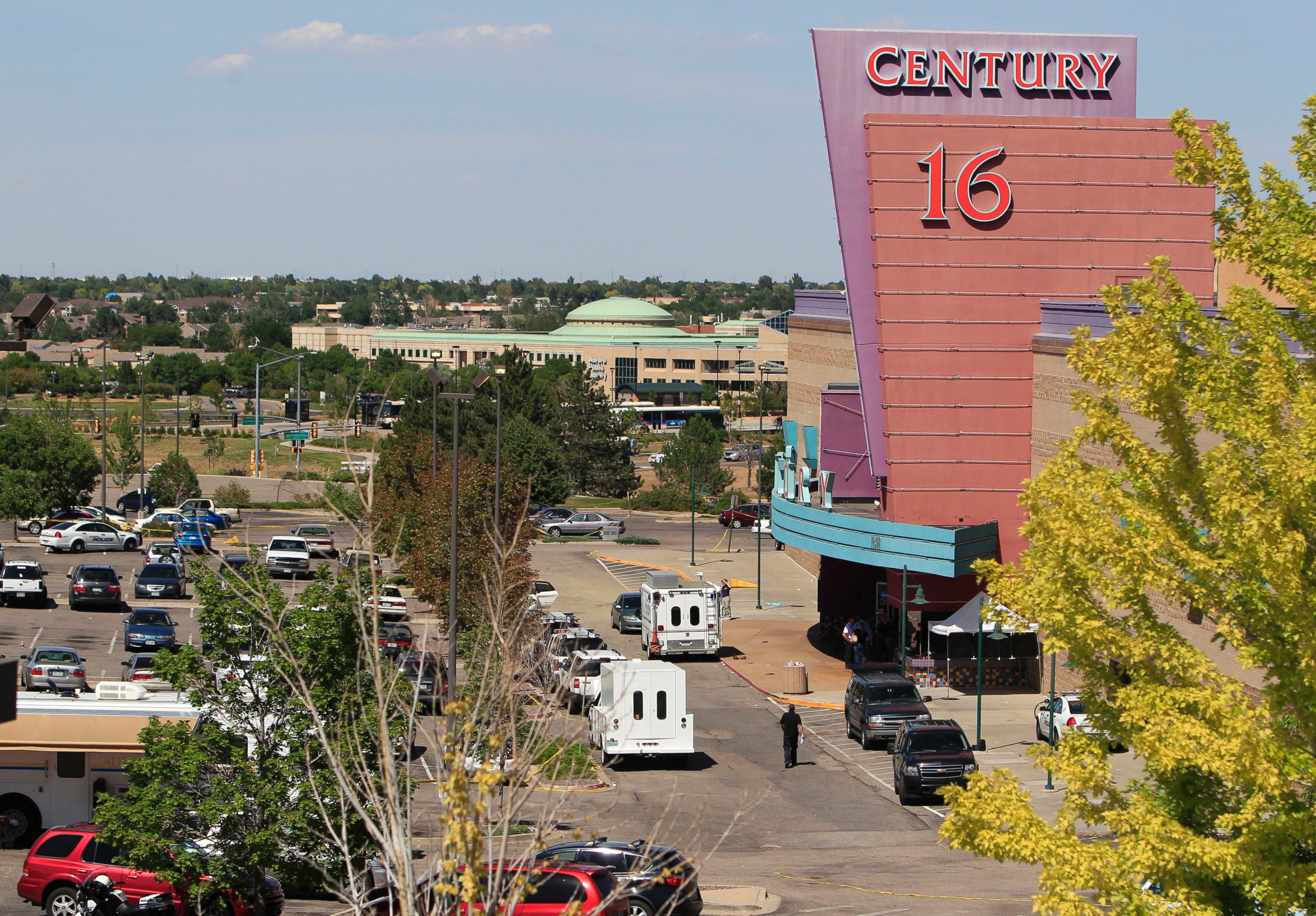 PHOTO: An overhead view of activities at the Century 16 theater east of the Aurora Mall in Aurora, Colo., July 20, 2012.