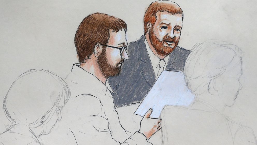 PHOTO: In this April 27, 2015 sketch, Aurora theater shooting defendant James Holmes, center left, and defense attorney Daniel King sit in court at the Arapahoe County Justice Center on the first day of Holmes' trial, in Centennial, Colo. 