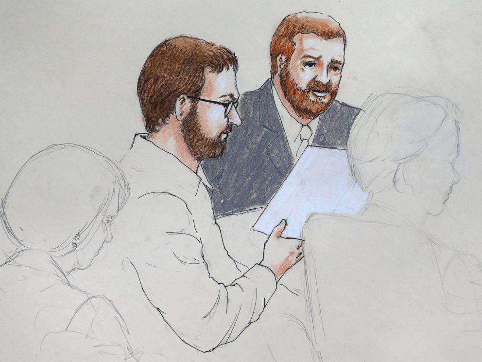 PHOTO: In this April 27, 2015 sketch, Aurora theater shooting defendant James Holmes, center left, and defense attorney Daniel King sit in court at the Arapahoe County Justice Center on the first day of Holmes' trial, in Centennial, Colo. 