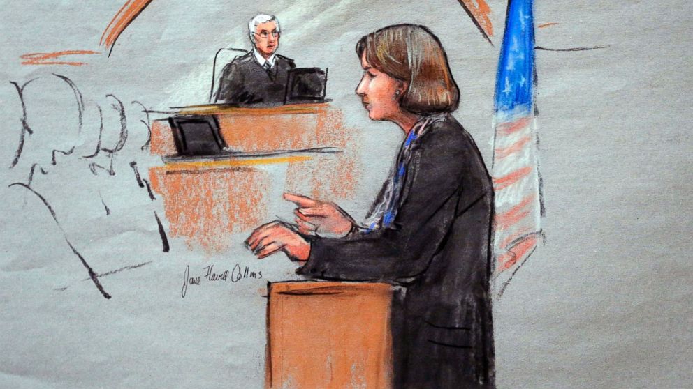 PHOTO: In this courtroom sketch, defense attorney Judy Clarke is depicted delivering opening statements on the first day of the federal death penalty trial of Boston Marathon bombing suspect Dzhokhar Tsarnaev on March 4, 2015, in Boston.