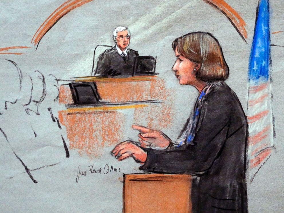 PHOTO: In this courtroom sketch, defense attorney Judy Clarke is depicted delivering opening statements on the first day of the federal death penalty trial of Boston Marathon bombing suspect Dzhokhar Tsarnaev on March 4, 2015, in Boston.