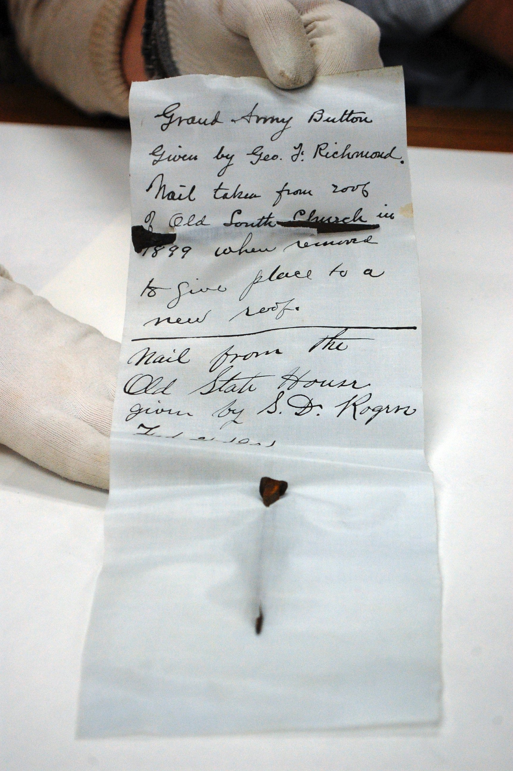 PHOTO: A nail from Old South Church is displayed after it was taken from a 1901 time capsule in Boston.