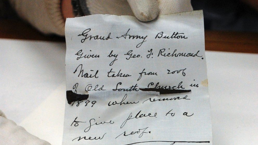 PHOTO: A nail from Old South Church is displayed after it was taken from a 1901 time capsule in Boston.
