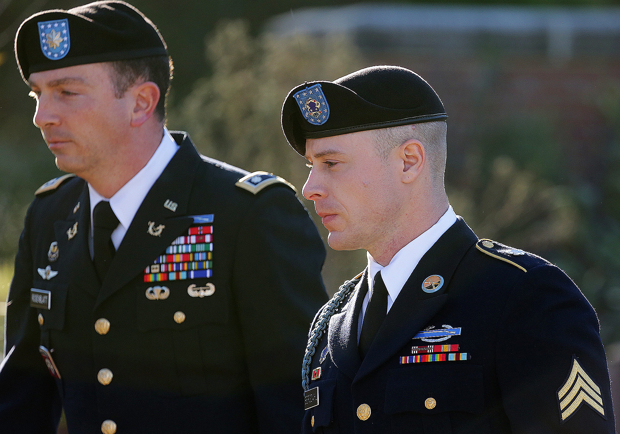 PHOTO: Army Sgt. Bowe Bergdahl arrives for a pretrial hearing at Fort Bragg, N.C., with his defense counsel Lt. Col. Franklin D. Rosenblatt on Jan. 12, 2016. 