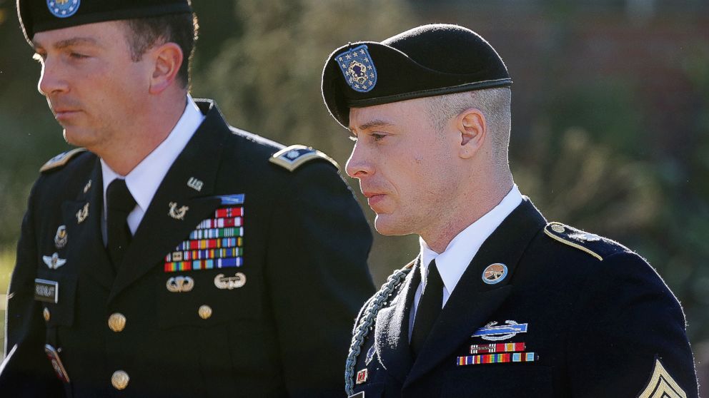 Army Sgt. Bowe Bergdahl arrives for a pretrial hearing at Fort Bragg, N.C., with his defense counsel Lt. Col. Franklin D. Rosenblatt on Jan. 12, 2016. 