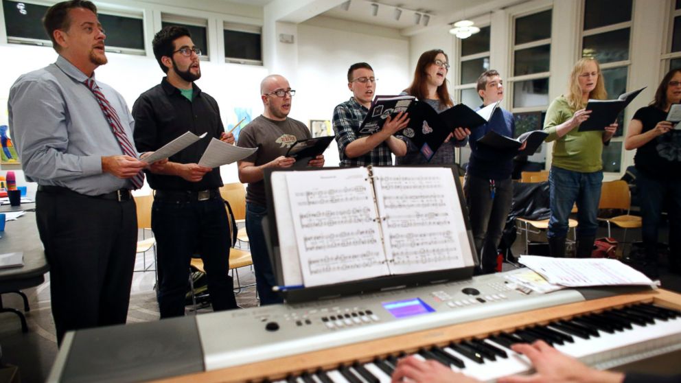 Members of the Butterfly Music Transgender Chorus sing during a rehearsal at a church in Cambridge, Mass on Oct. 7, 2015.