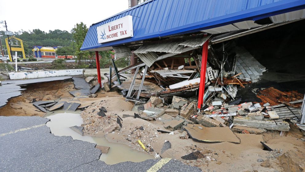 A business is destroyed by flooding near Gills Creek in Columbia, S.C., Oct. 5, 2015.