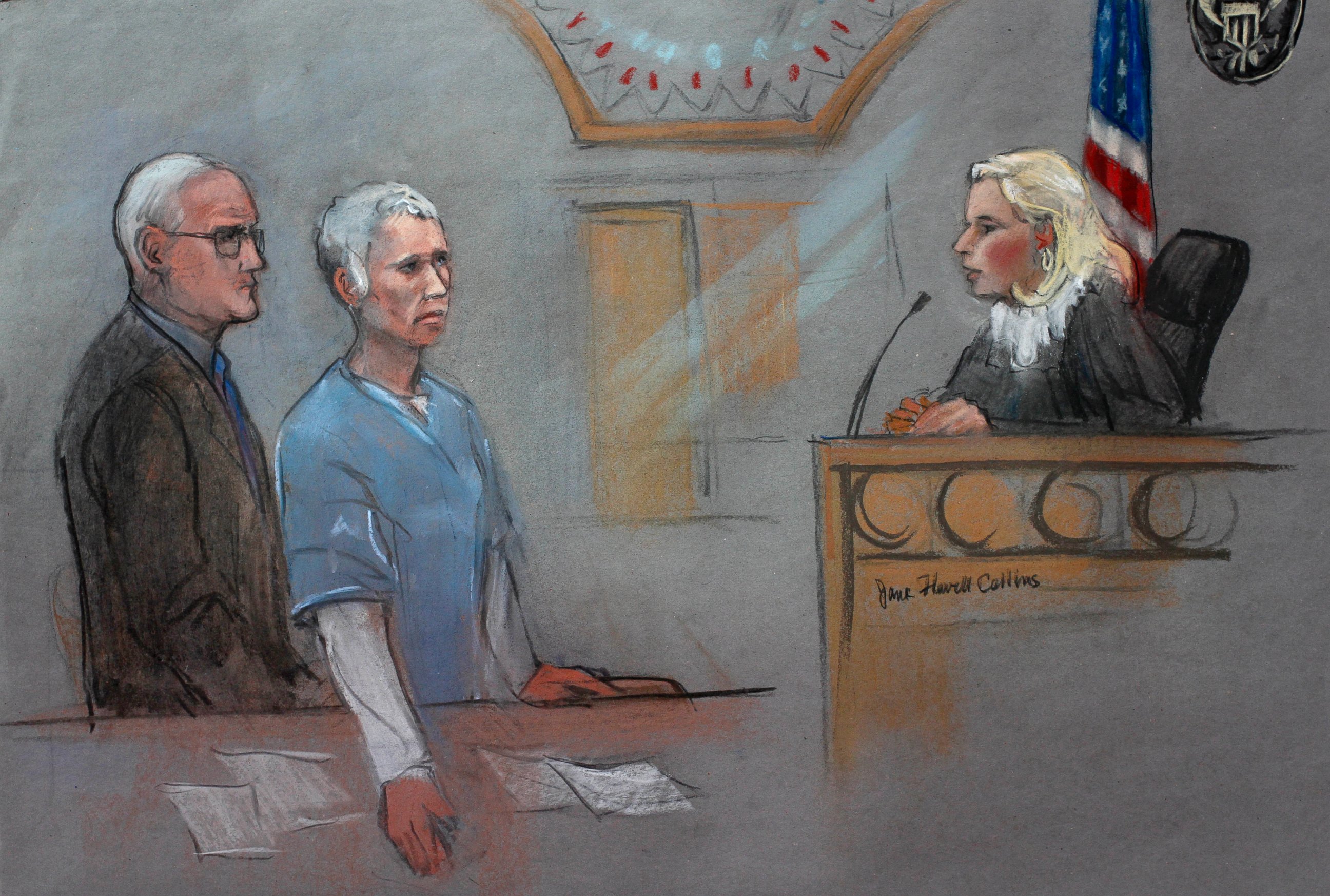 PHOTO: Catherine Greig, the longtime girlfriend of Whitey Bulger, is depicted with her lawyer Kevin Reddington before U.S. District Court Magistrate Judge Marianne Bowler during a hearing, Oct. 19, 2015, in federal court in Boston.