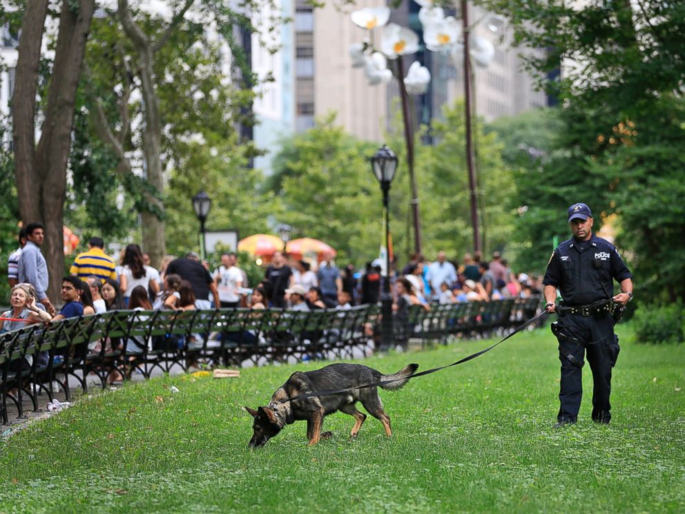 PHOTO: A bomb-sniffing dog works near the scene of an explosion in Central Park in New York City in this July 3, 2016 file photo.