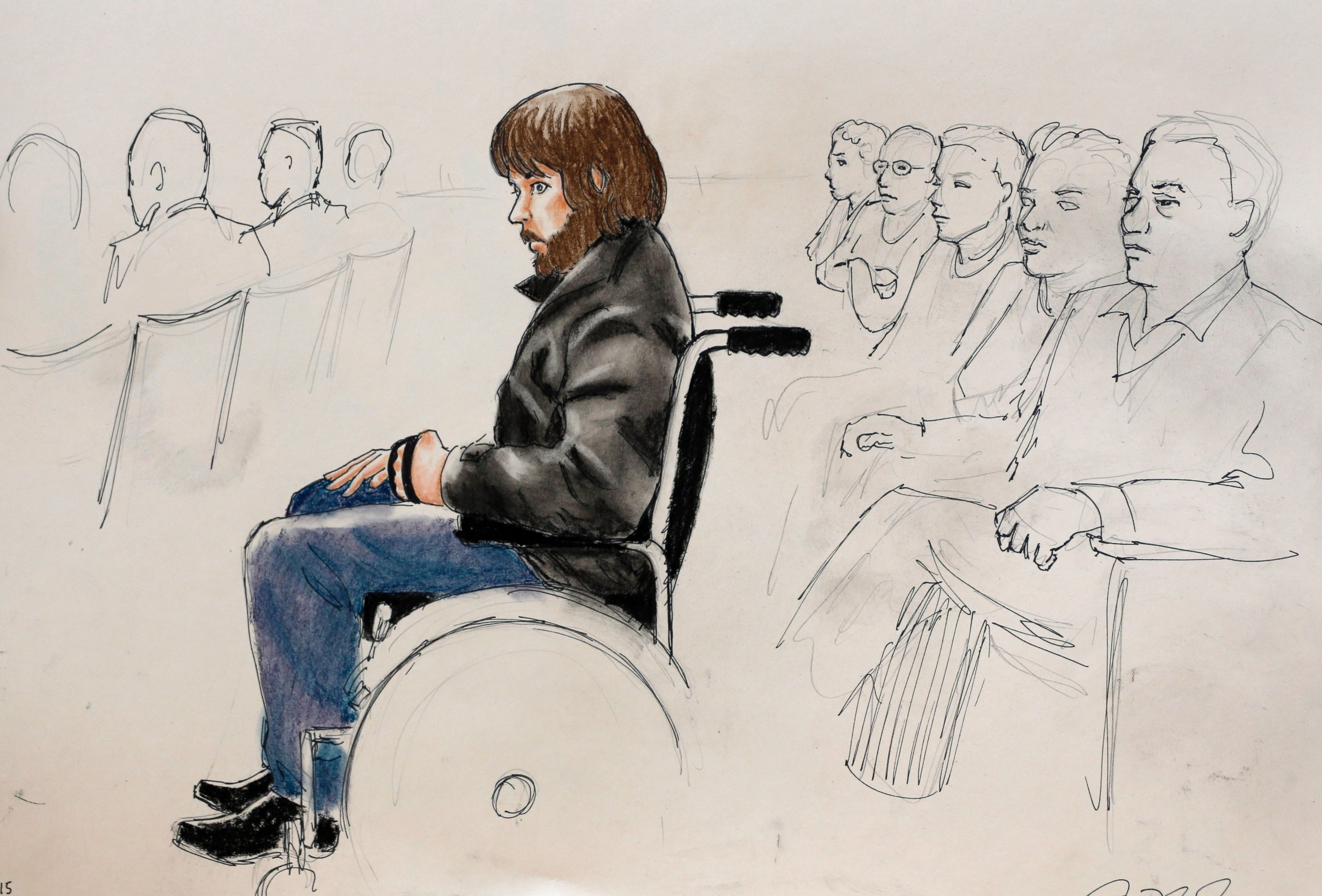 PHOTO: Caleb Medley, who was shot in the head during the massacre at the theater in Aurora, Colo., is shown during the opening day of the trialshooting suspect James Holmes, April 27, 2015, in Centennial, Colo. 