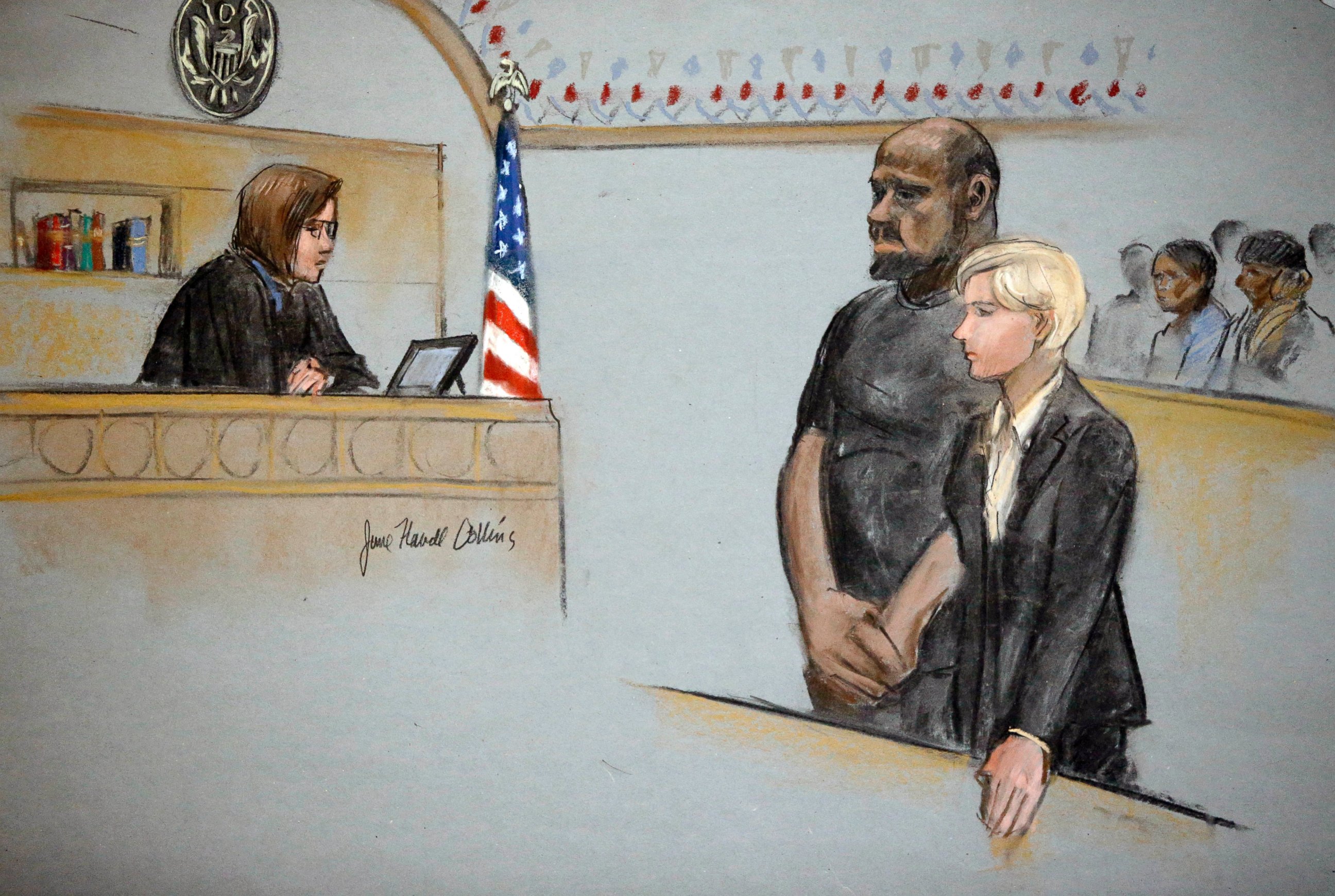 PHOTO: In this courtroom sketch, David Wright, is depicted standing with his attorney Jessica Hedges as Magistrate Judge M. Page Kelley presides during a hearing, June 3, 2015, in federal court in Boston.