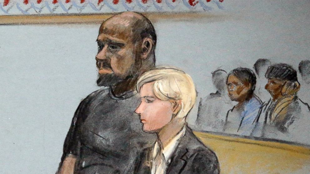 PHOTO: In this courtroom sketch, David Wright, is depicted standing with his attorney Jessica Hedges as Magistrate Judge M. Page Kelley presides during a hearing, June 3, 2015, in federal court in Boston.