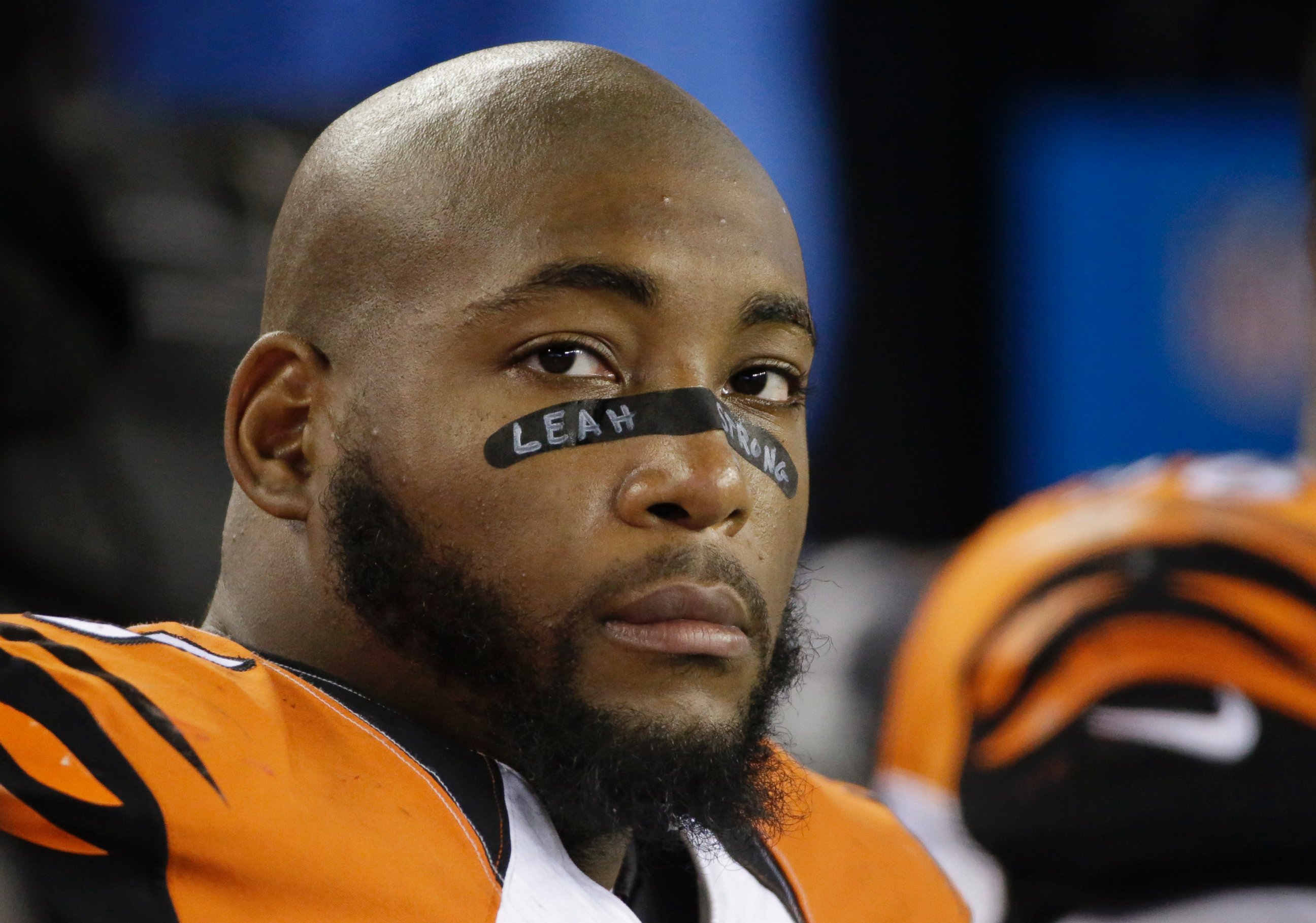 PHOTO: In this Oct. 5, 2014, file photo, Cincinnati Bengals defensive tackle Devon Still (75) watches the offensive unit perform against the New England Patriots in the second half of an NFL football game in Foxborough, Mass.