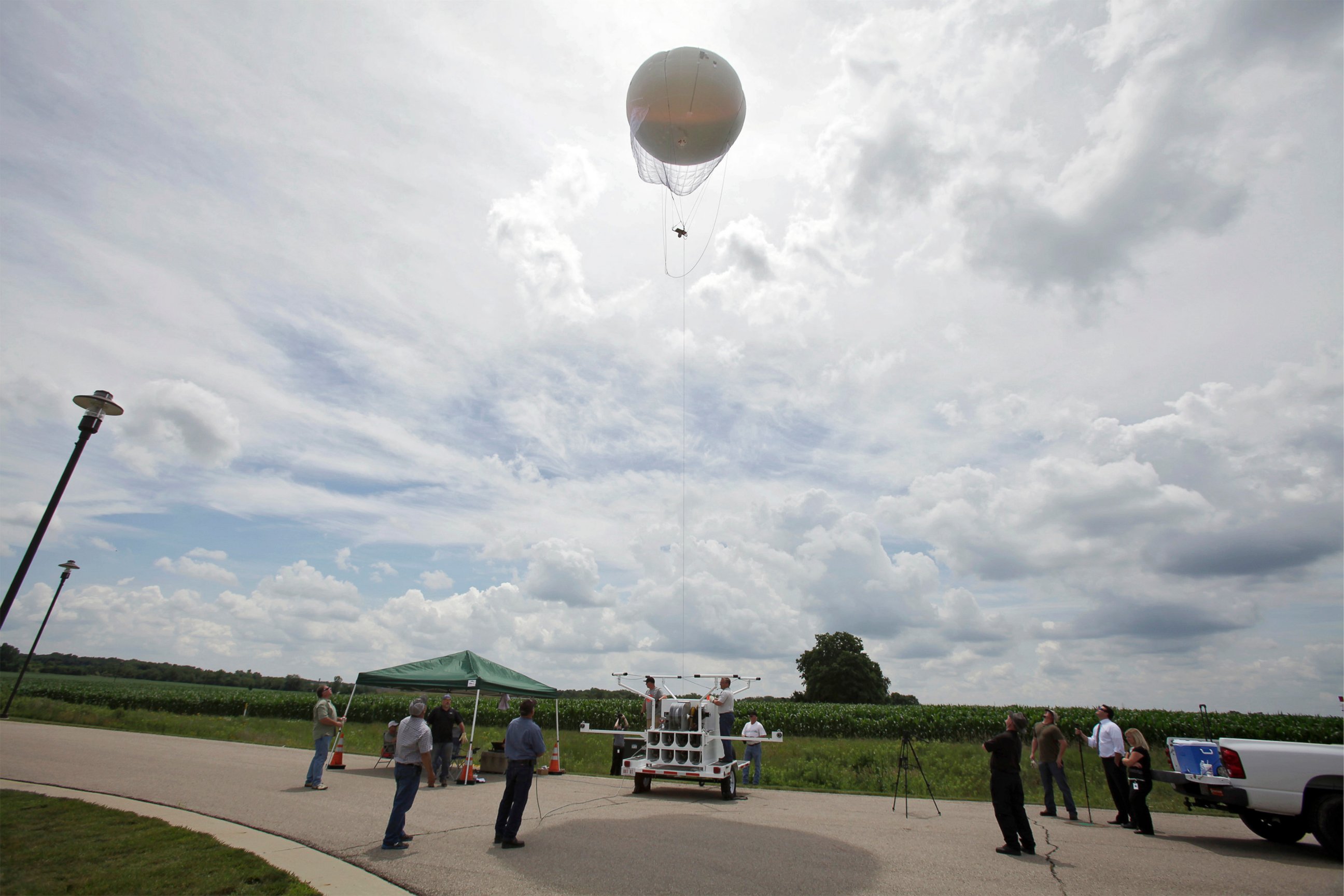PHOTO: In this June 26, 2014 photo, crews help with launching a new Ohio Dept. of Transportation surveillance blimp at the Ohio/Indiana Unmanned Aircraft Systems Center in Clintonville, Ohio. 