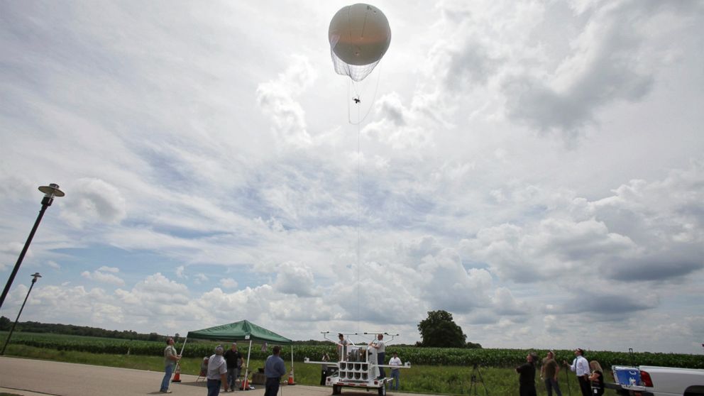 PHOTO: In this June 26, 2014 photo, crews help with launching a new Ohio Dept. of Transportation surveillance blimp at the Ohio/Indiana Unmanned Aircraft Systems Center in Clintonville, Ohio. 