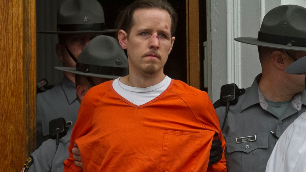 PHOTO: Eric Frein, charged with the murder of Pennsylvania State Trooper Cpl. Byron Dickson and critically wounding Trooper Alex Douglass, is taken to prison after a preliminary hearing in Pike County Courthouse on Oct. 31, 2014 in Milford, Pa.