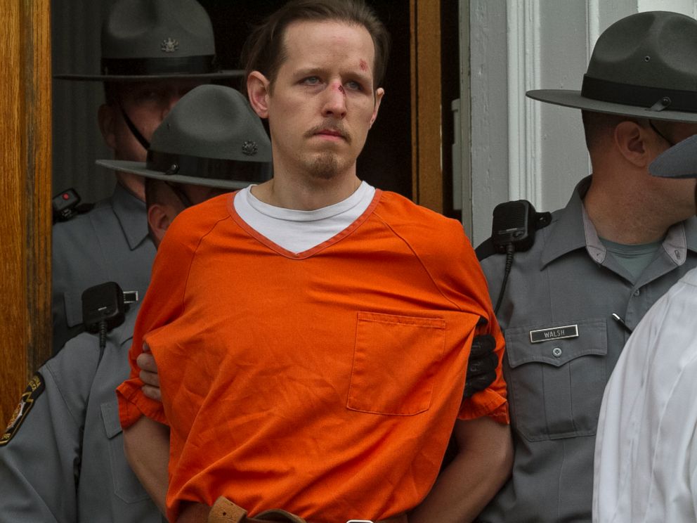 PHOTO: Eric Frein, charged with the murder of Pennsylvania State Trooper Cpl. Byron Dickson and critically wounding Trooper Alex Douglass, is taken to prison after a preliminary hearing in Pike County Courthouse on Oct. 31, 2014 in Milford, Pa.