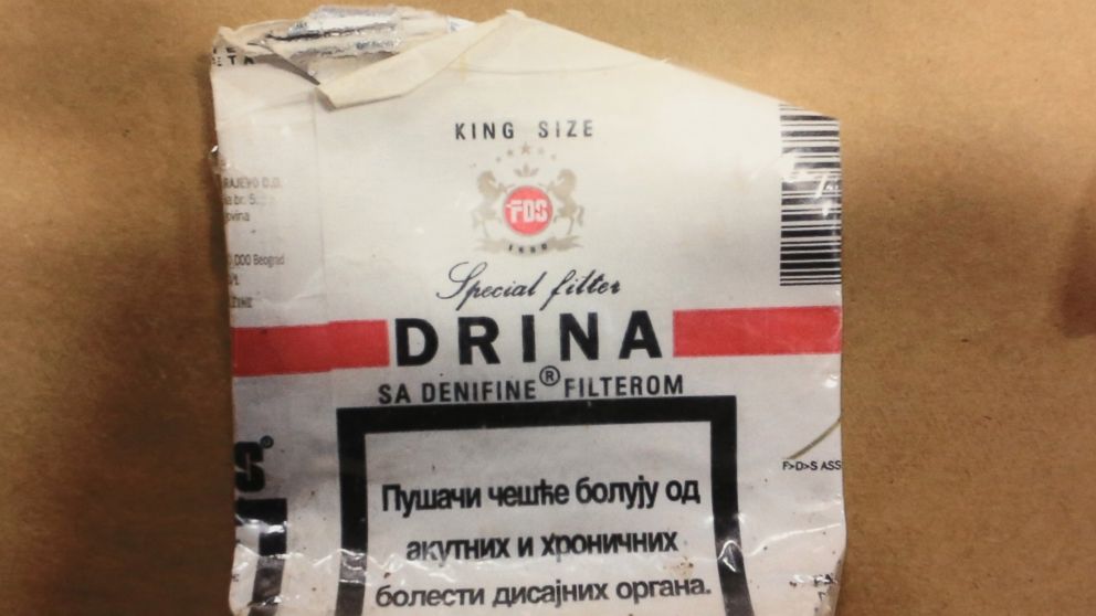 PHOTO: A police photo shows the used Serbian cigarette pack believed used by accused trooper killer Eric Frein during a news conference in the Blooming Grove Municipal Township Building in Blooming Grove, Pa., on Sept 24, 2014.