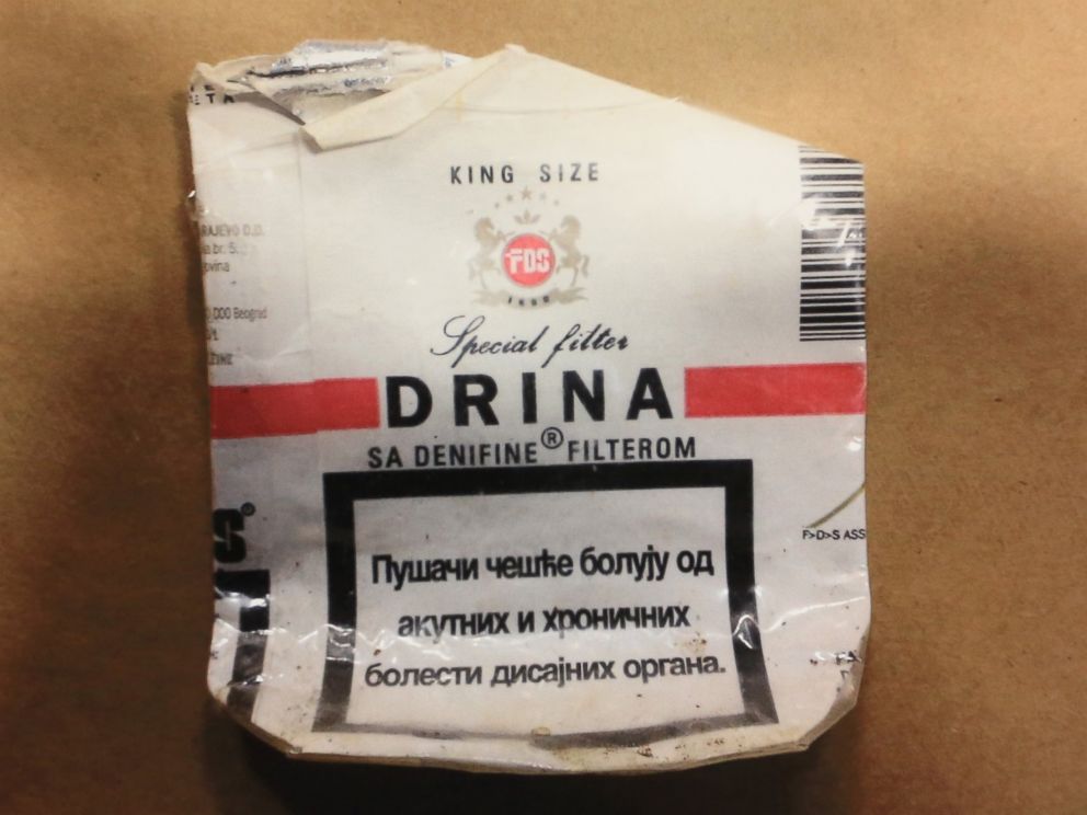 PHOTO: A police photo shows the used Serbian cigarette pack believed used by accused trooper killer Eric Frein during a news conference in the Blooming Grove Municipal Township Building in Blooming Grove, Pa., on Sept 24, 2014.