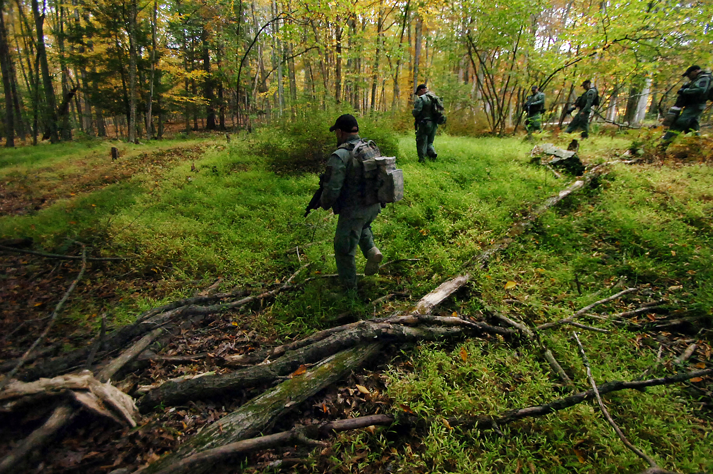 PHOTO: Members of the Scranton Police Special Operations Group search the woods, Oct. 2, 2014, in Barrett Township near Canadensis, Pa., for suspected killer Eric Frein.