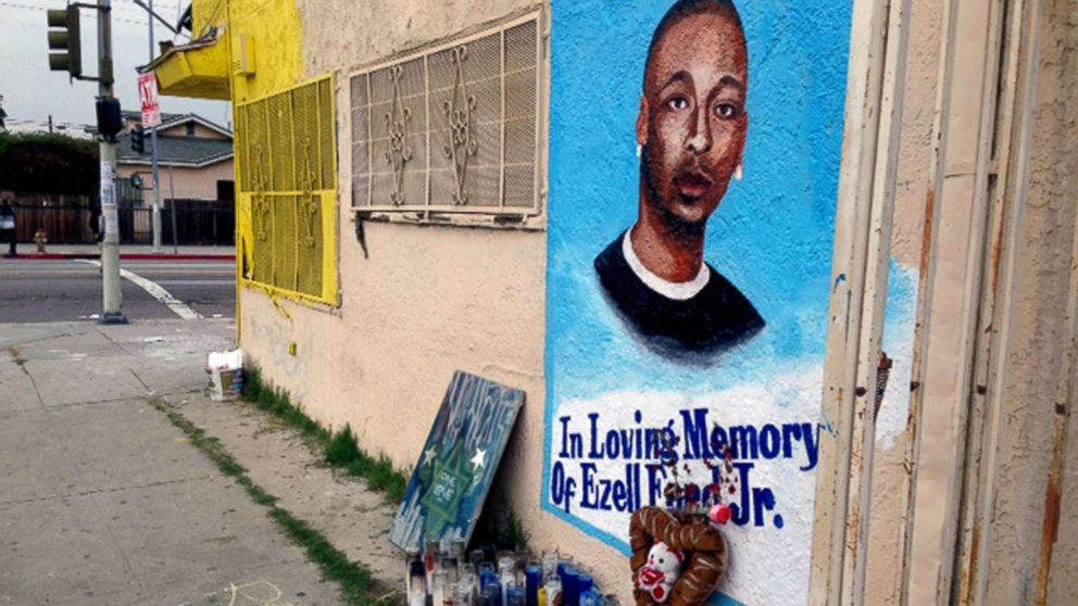 A sidewalk memorial featuring a portrait of Ezell Ford is seen near where he was shot and killed by police on a street near his home in South Los Angeles on Dec. 30, 2014.