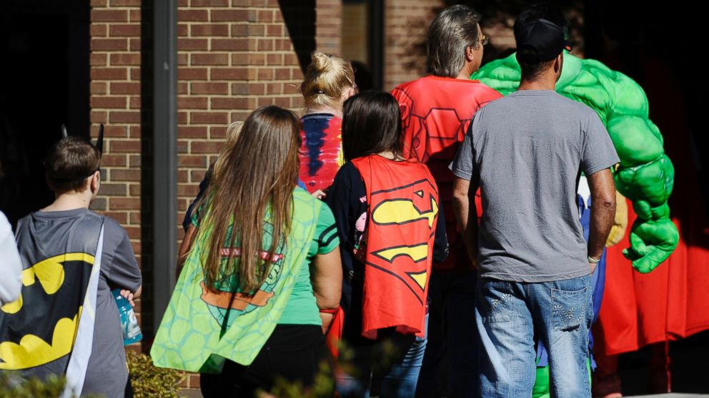 PHOTO: Friends and family arrive before a superhero-themed funeral service for Jacob Hall at Oakdale Baptist Church, Oct. 5, 2016, in Townville, South Carolina.