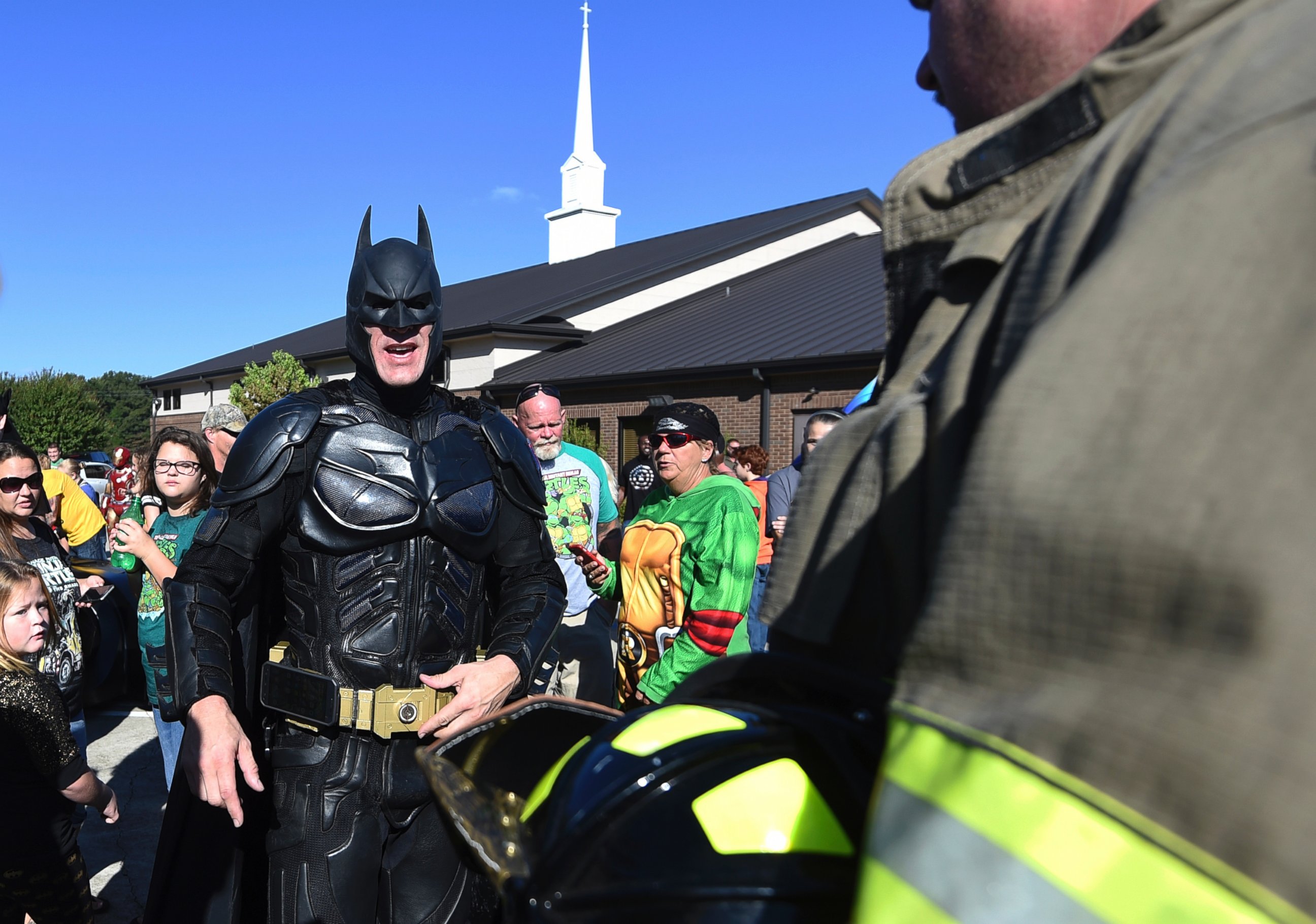 PHOTO: A man dressed as Batman arrives during a superhero-themed funeral service for Jacob Hall at Oakdale Baptist Church, Oct. 5, 2016, in Townville, South Carolina.