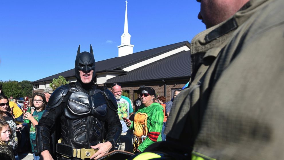 PHOTO: A man dressed as Batman arrives during a superhero-themed funeral service for Jacob Hall at Oakdale Baptist Church, Oct. 5, 2016, in Townville, South Carolina.