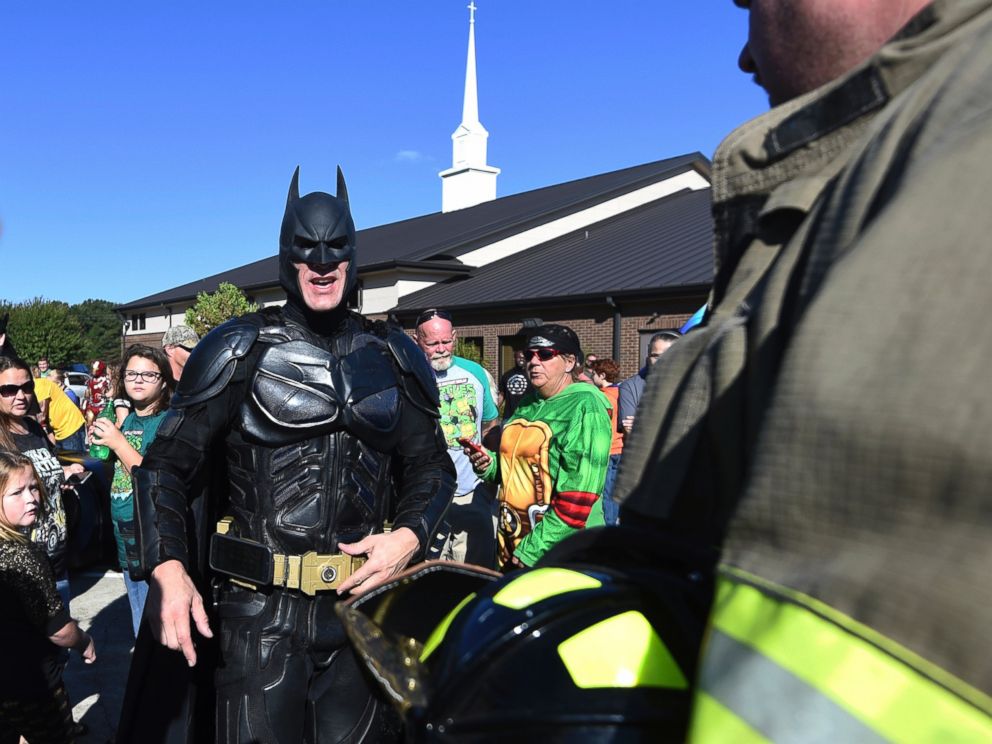 PHOTO: A man dressed as Batman arrives during a superhero-themed funeral service for Jacob Hall at Oakdale Baptist Church, Oct. 5, 2016, in Townville, South Carolina.