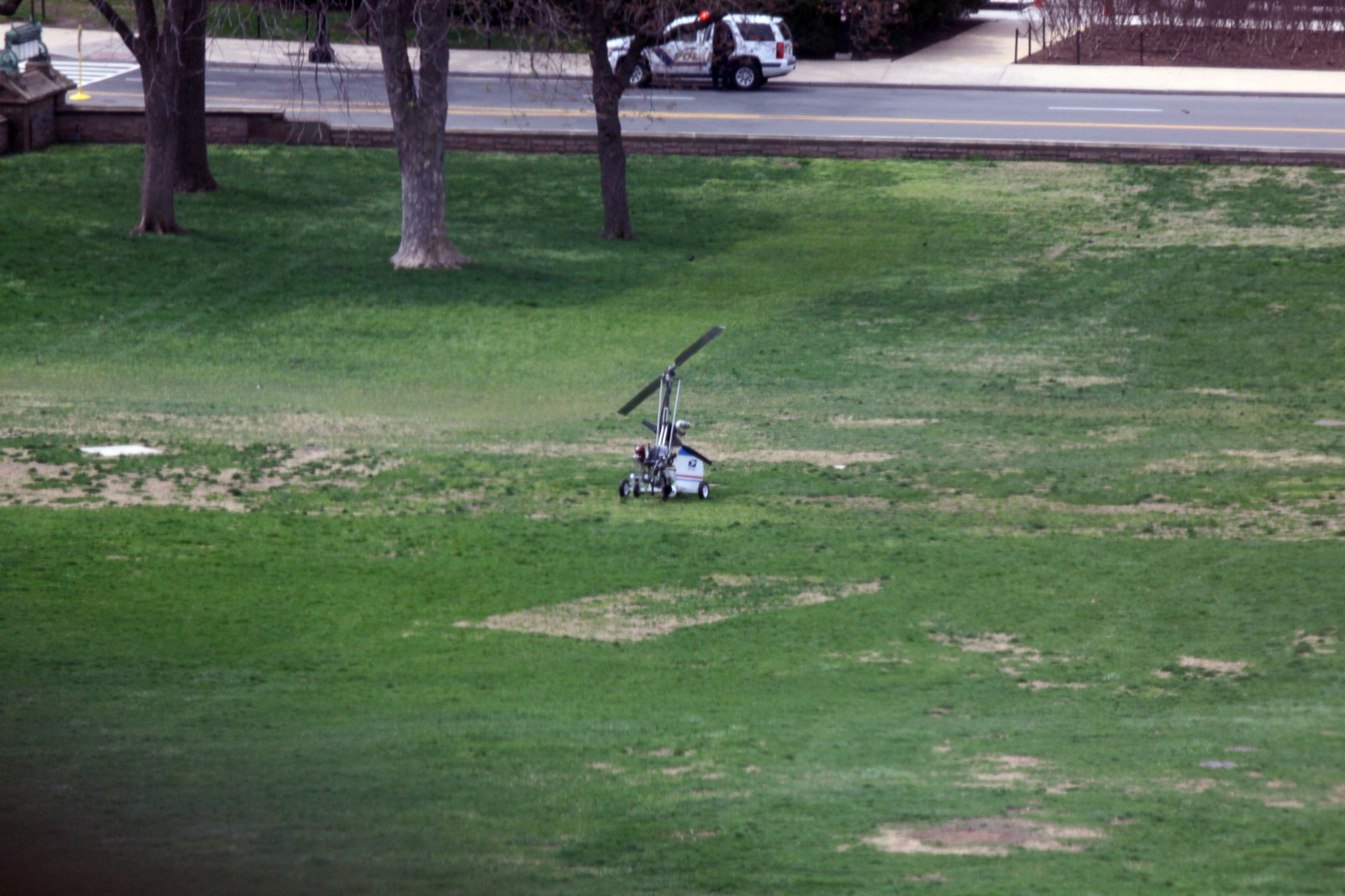PHOTO: A small device resembling a helicopter is seen on the West Front of the Capitol in Washington, April 15, 2015, after landing.