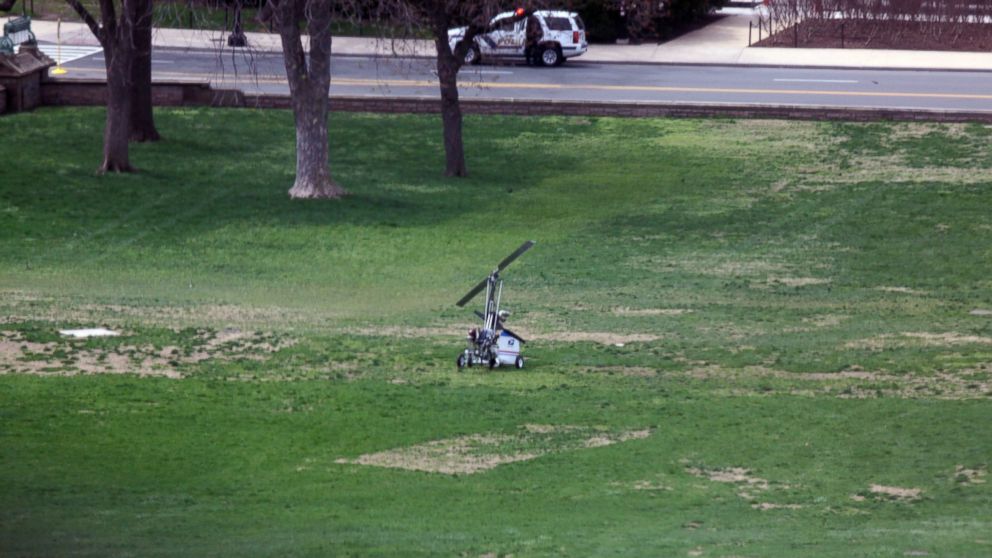 A small device resembling a helicopter is seen on the West Front of the Capitol in Washington, April 15, 2015, after landing.