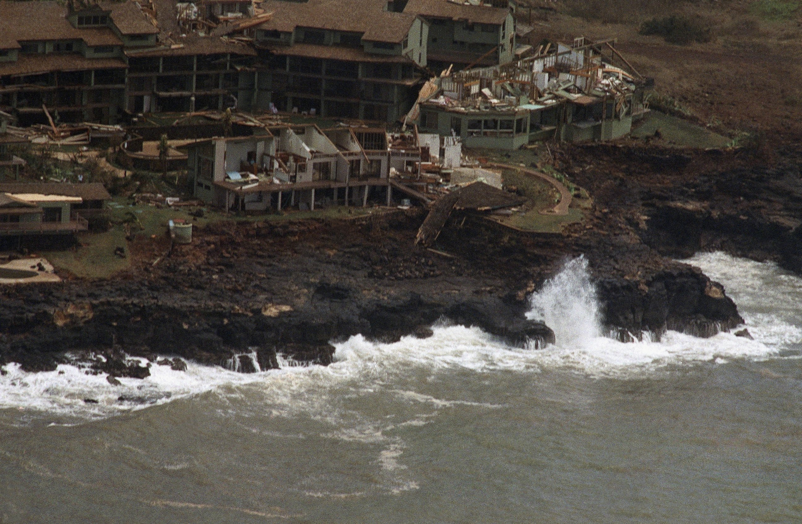 PHOTO: A Poipu Beach resort on the Hawaiian island of Kauai is heavily damaged following high winds and rain from Hurricane Iniki, Sept. 12, 1992.