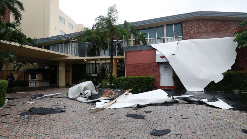 PHOTO: Roof damage caused by high winds brought on by Hurricane Irma is shown, Saturday, Sept. 9, 2017, in Sunny Isles Beach, Fla.