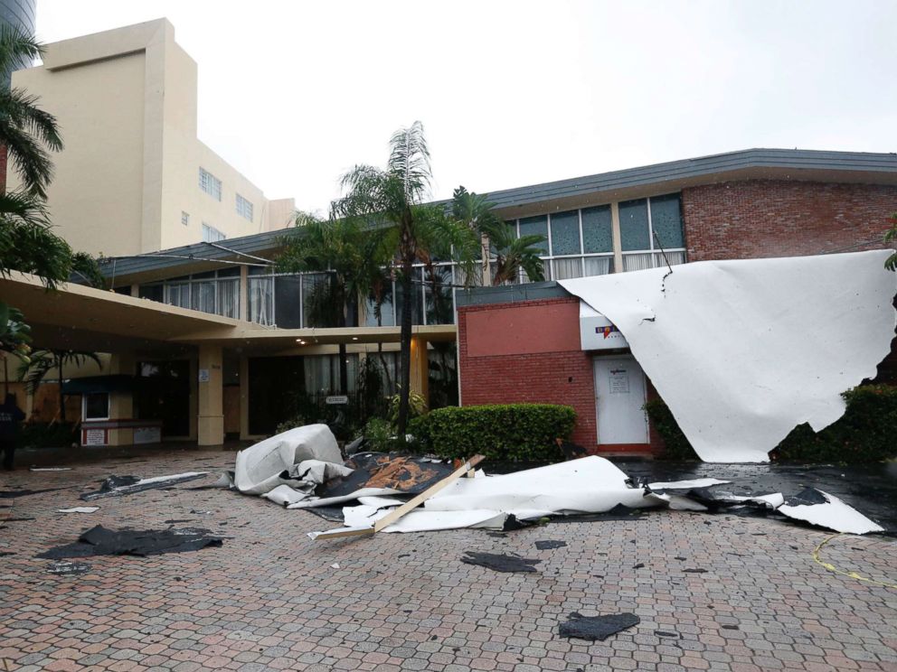 PHOTO: Roof damage caused by high winds brought on by Hurricane Irma is shown, Saturday, Sept. 9, 2017, in Sunny Isles Beach, Fla.