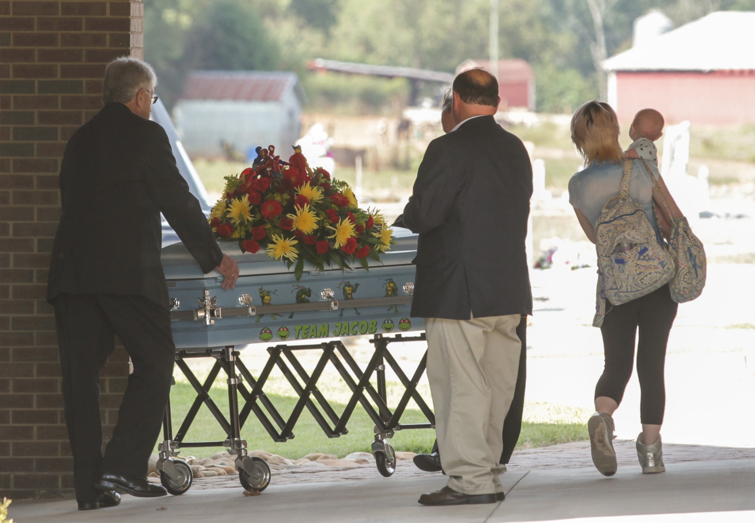 PHOTO: The casket of Jacob Hall arrives for a wake service at Oakdale Baptist Church in Townville, South Carolina, Oct. 4, 2016. 